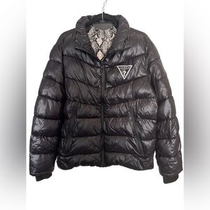 GUESS Black Puffer Jacket Women’s Size L Glossy Logo Zip Coat
